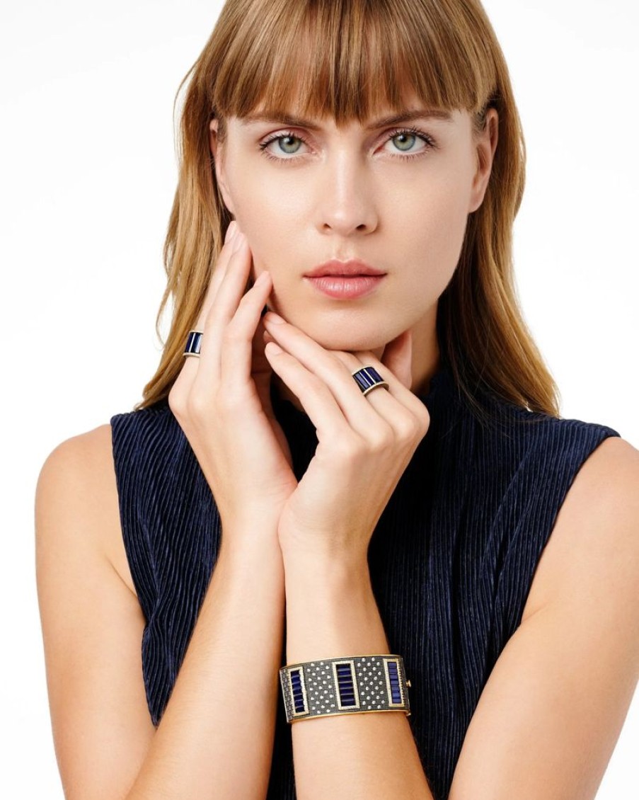 Jewelry Freida Rothman | Freida Rothman Midnight Blue Baguette Wide Hinge Bangle Gold & Black